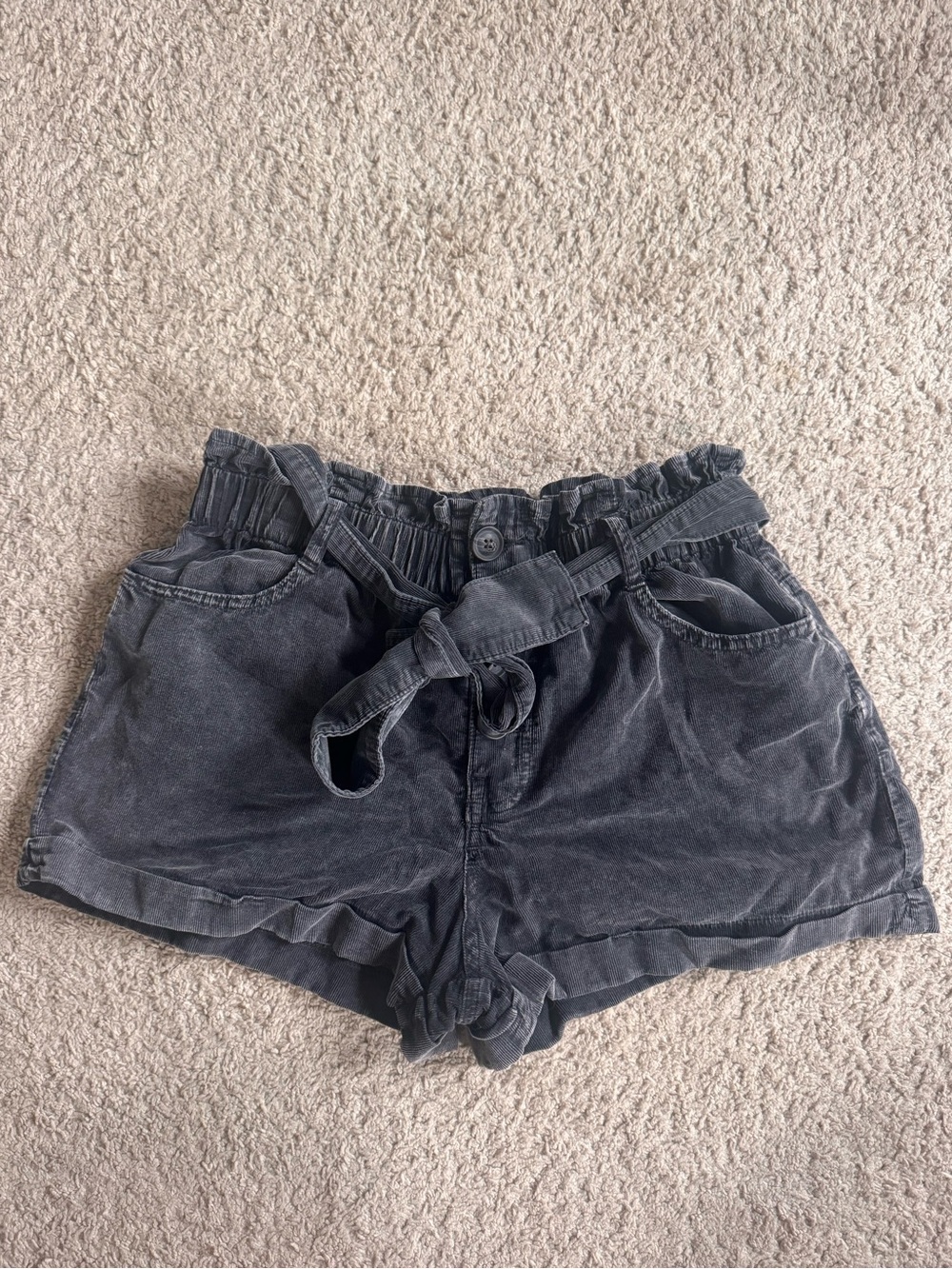Francesca's Corduroy Washed Grey High-Waist Paperbag Shorts with Tie